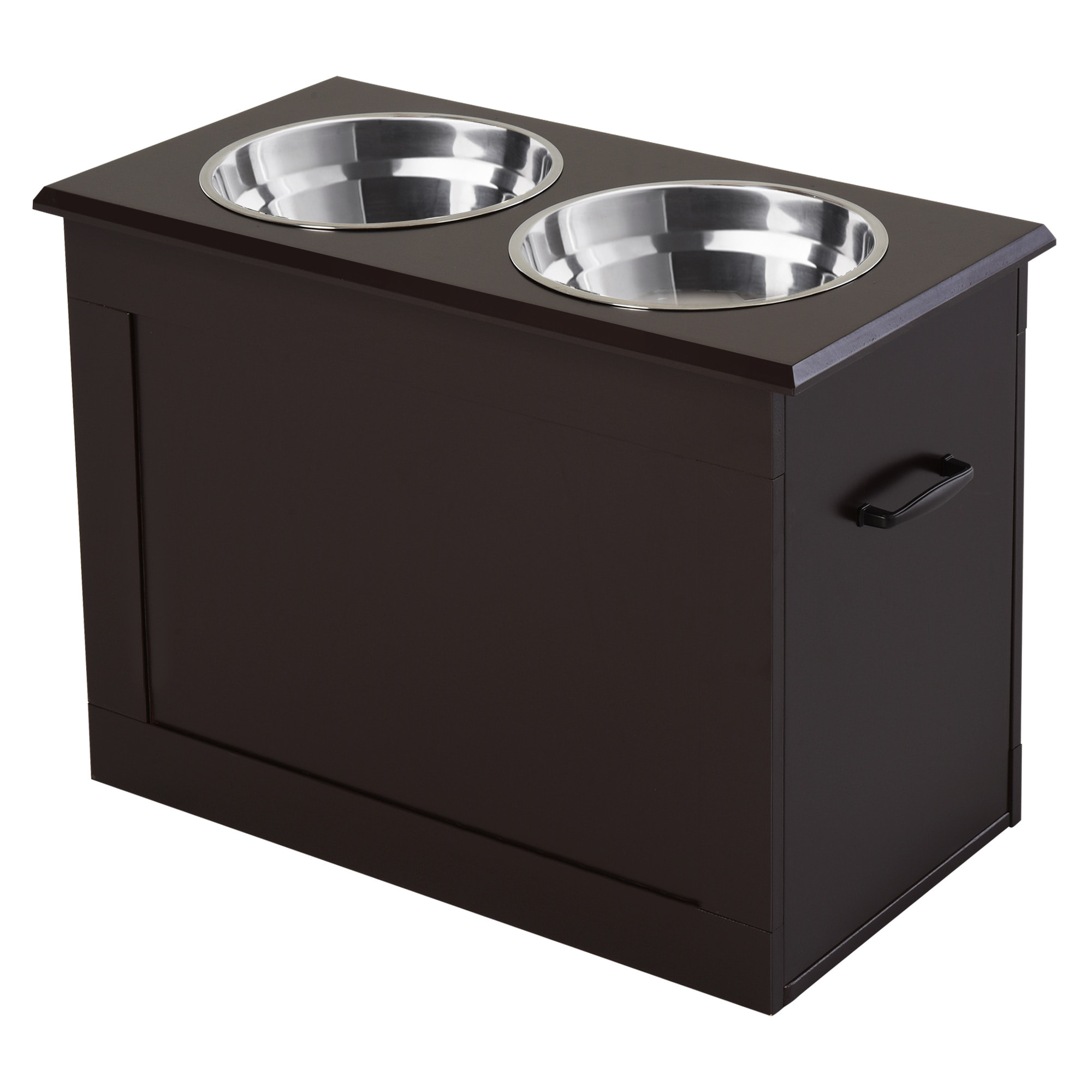 Gamelle double chien chat Porte-gamelles surélevé dim. 60L x 30l x 41H cm 2 gamelles poignées coffre MDF chocolat