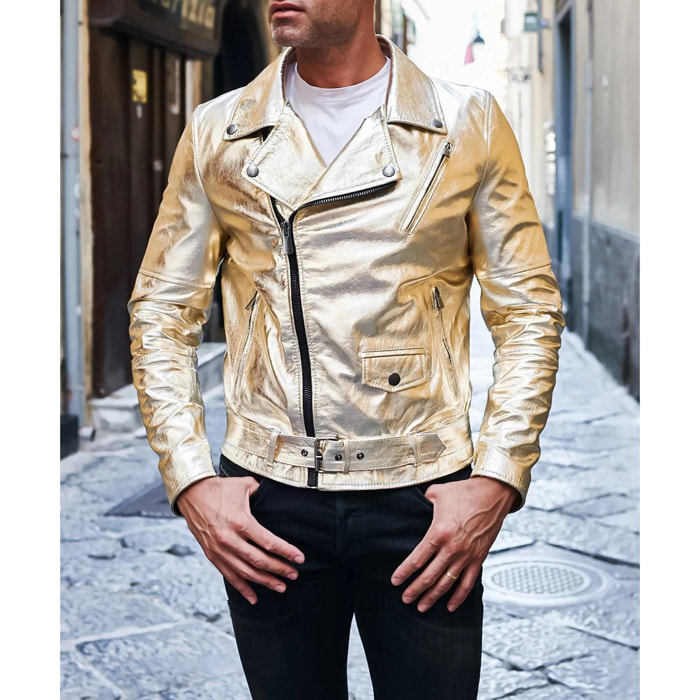 Chiodo biker in pelle laminata color oro con cintura effetto liscio