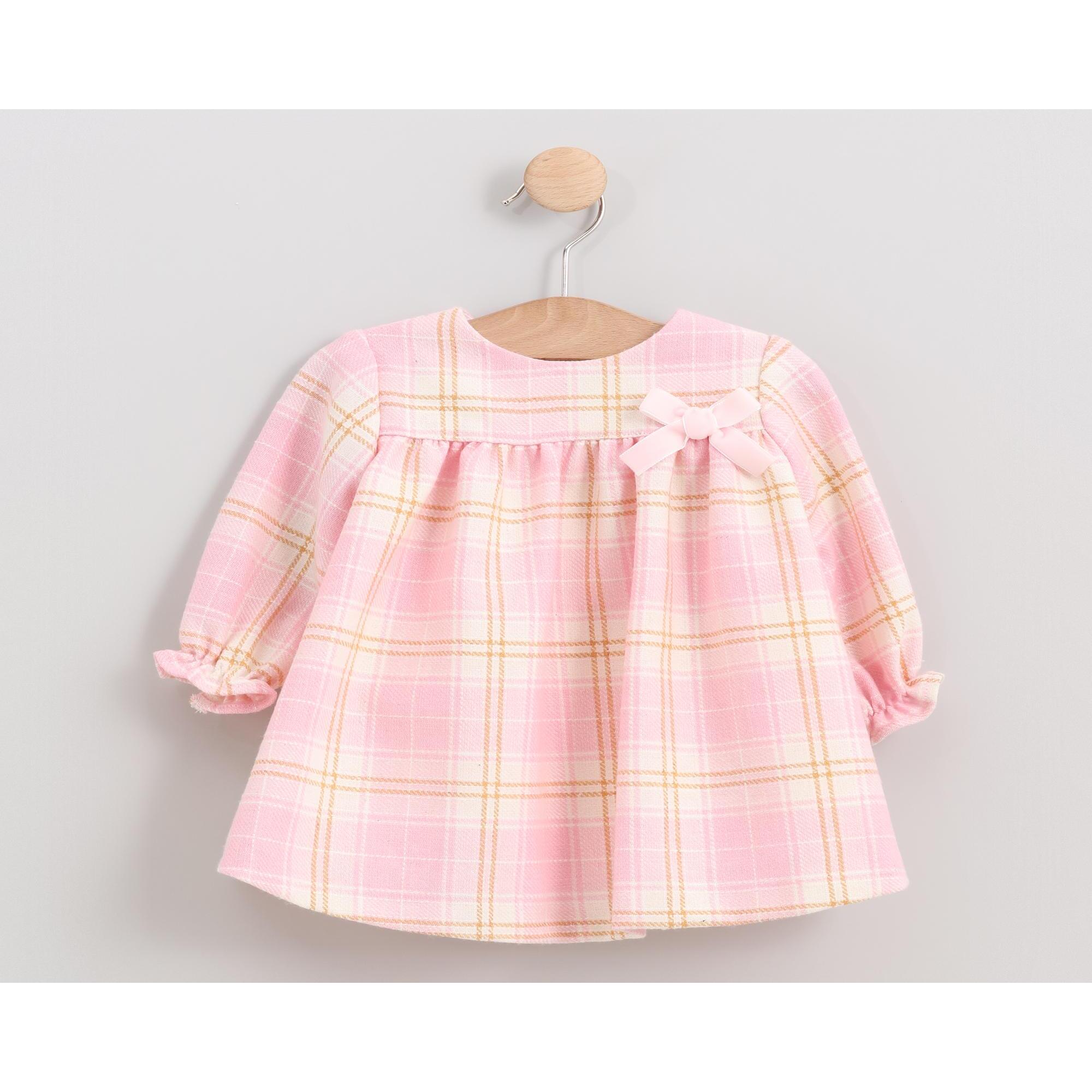 Vestido lazo cuadros beige y rosa