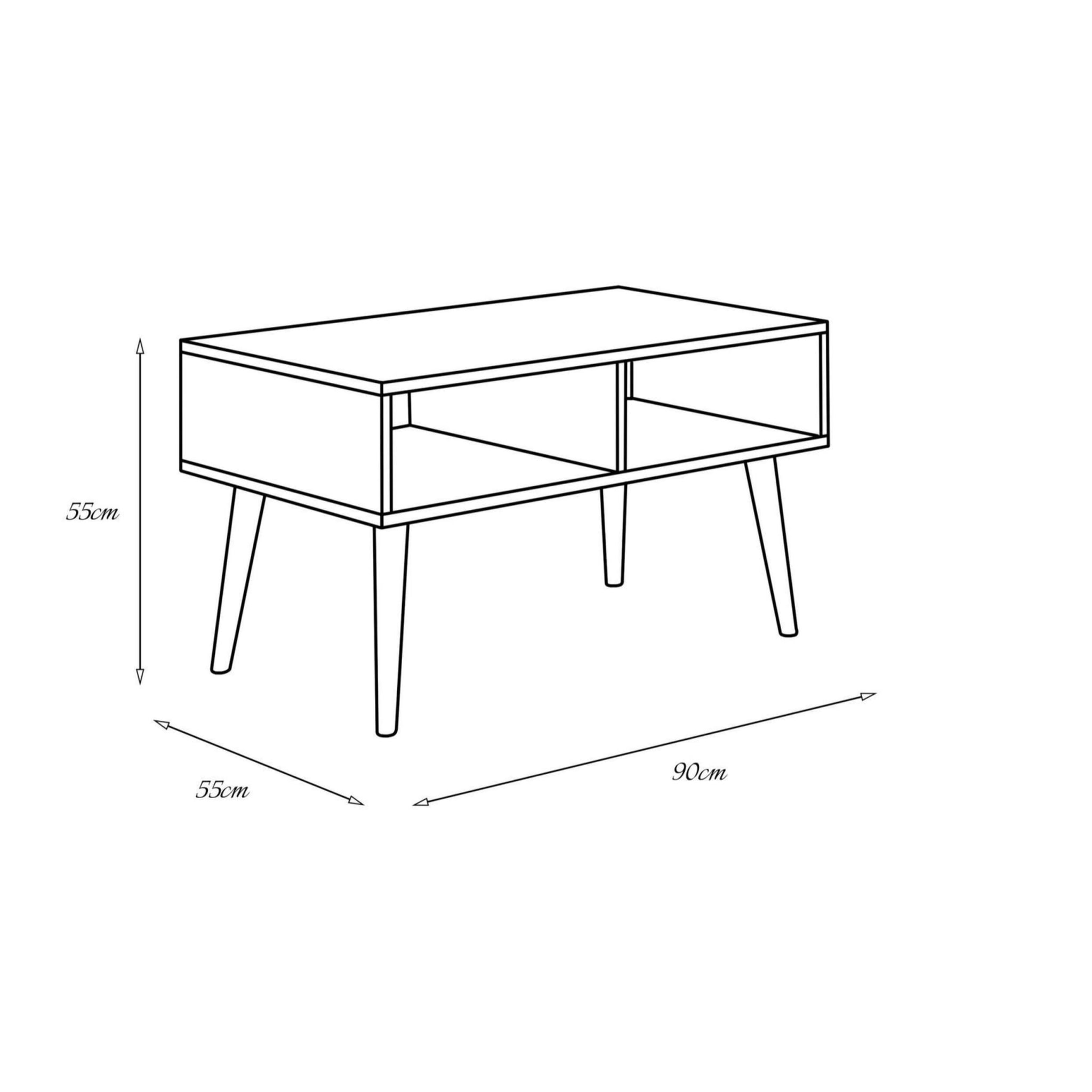 Tavolino basso da soggiorno, Tavolino porta riviste con 2 scaffali e piedini, Stile scandi, cm 55x90h55, colore Acero