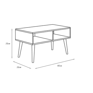 Tavolino basso da soggiorno, Tavolino porta riviste con 2 scaffali e piedini, Stile scandi, cm 55x90h55, colore Acero