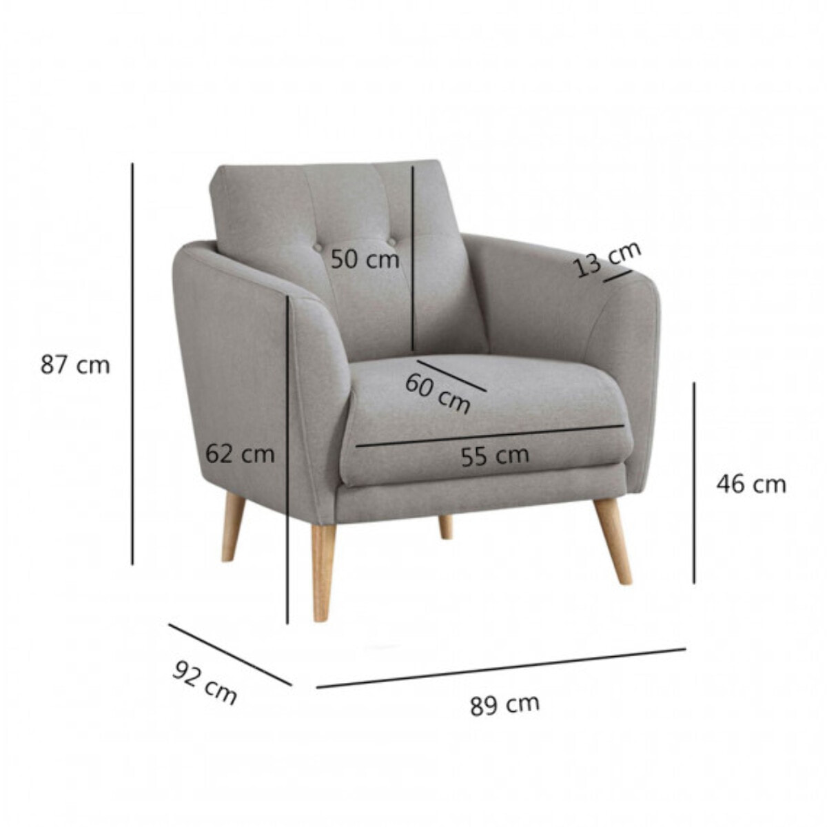 Fauteuil en tissu gris capitonné avec piètement en bois massif - SIENNA