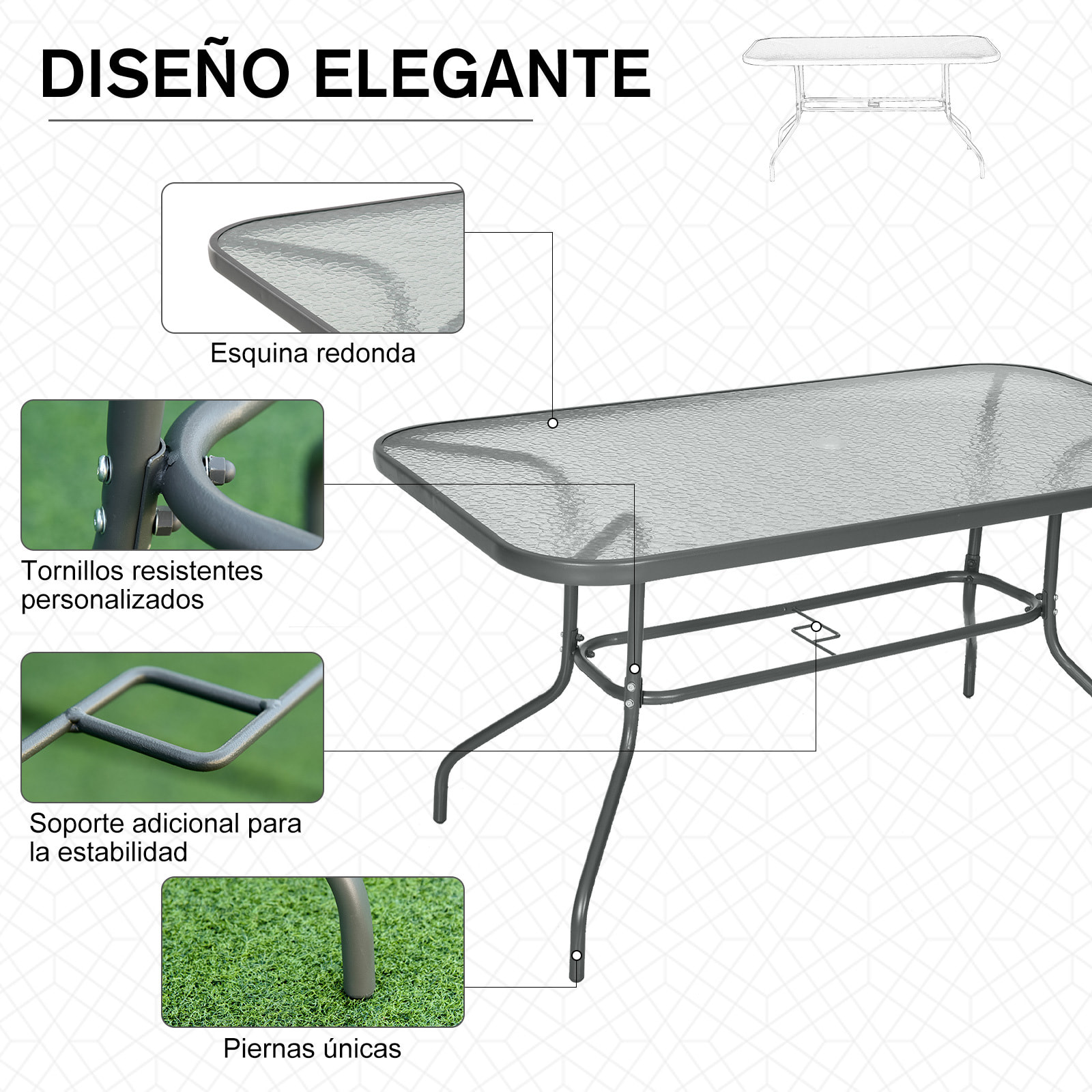 Mesa de Jardín Exterior Rectangular de Metal Orificio para Sombrilla 140x80x70cm