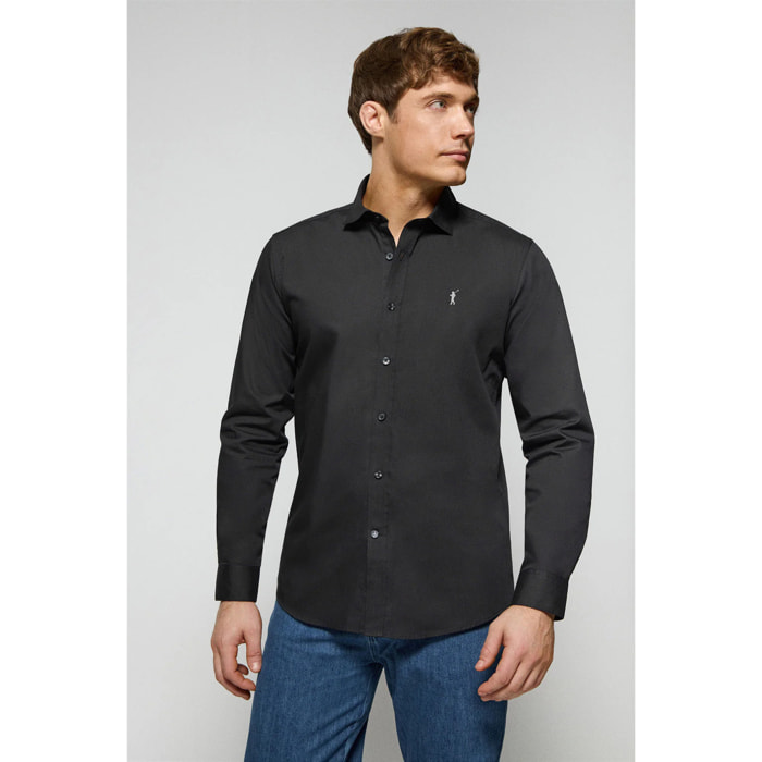 Camicia slim in popeline nera con logo Rigby Go ricamato