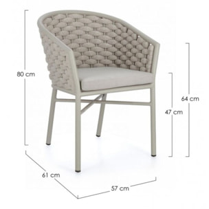 Set di 4 poltroncine MARGALIDA in alluminio tortora con intreccio in corda tortora, con braccioli