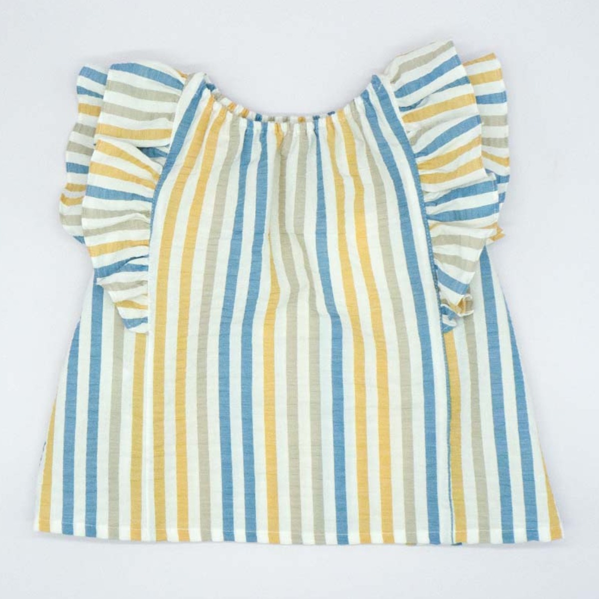 BLUSA CON DOBLE VOLANTE RAYA AZUL BEIGE Y AMARILLA