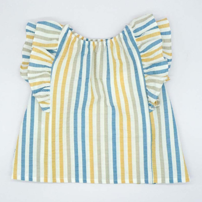 BLUSA CON DOBLE VOLANTE RAYA AZUL BEIGE Y AMARILLA