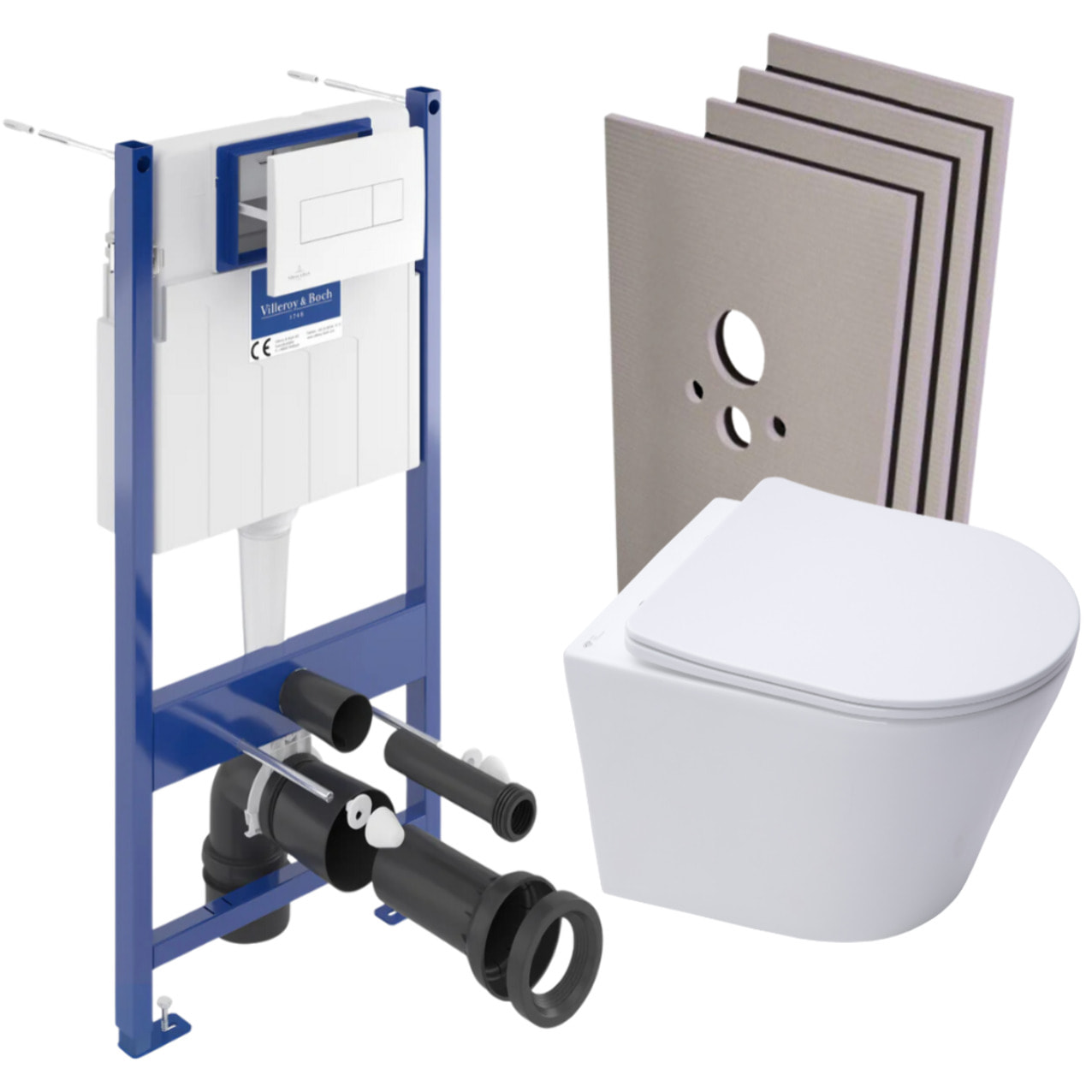 Pack WC bâti-support Villeroy & Boch + WC Infinitio rimless + Abattant softclose + Plaque blanche + Set d'habillage