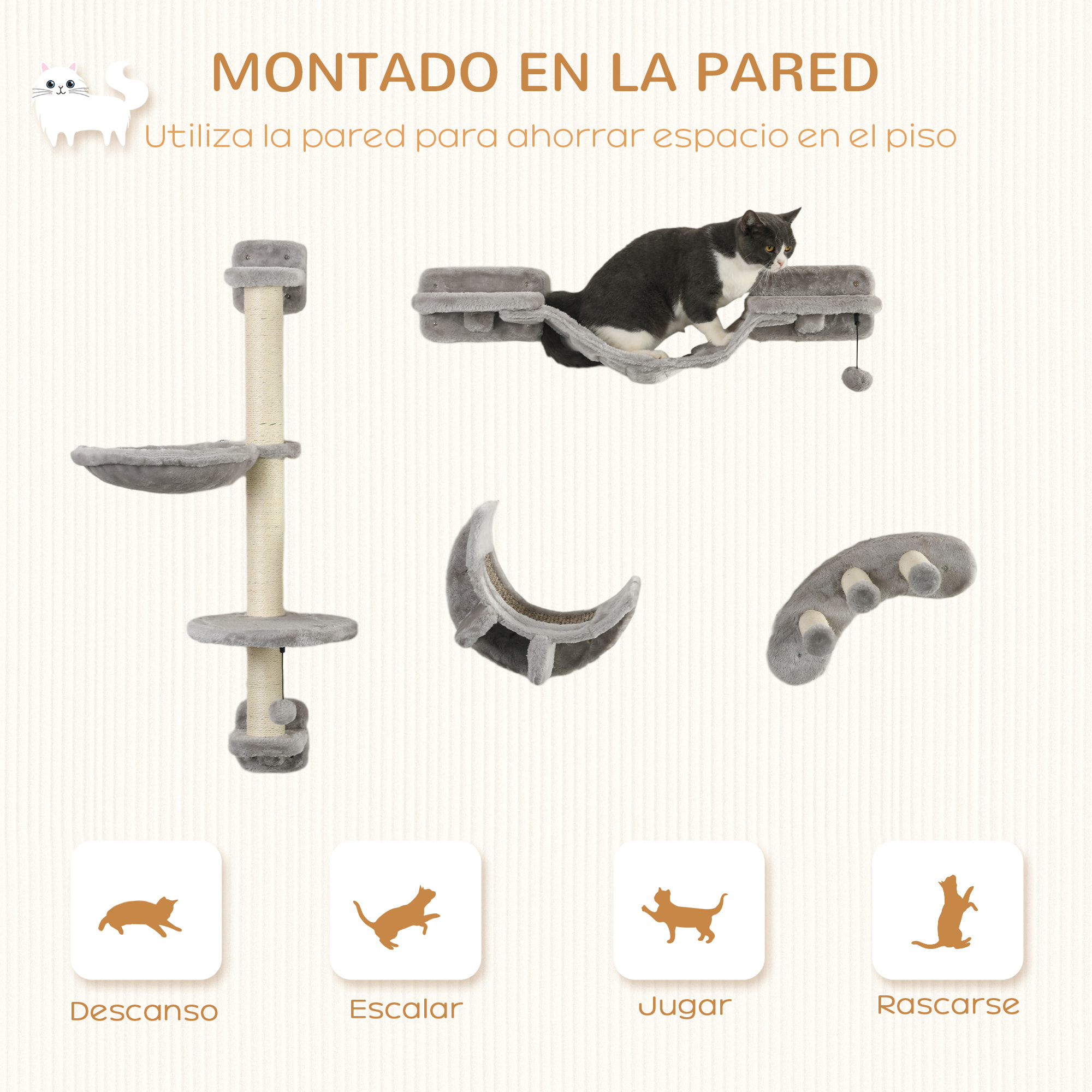 Juego de Estanterías para Gatos de 4 Piezas Rascador de Pared para Gatos con Hamaca Postes Rascadores Escalera Blanda Plataformas Gris