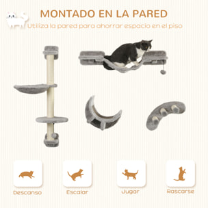 Juego de Estanterías para Gatos de 4 Piezas Rascador de Pared para Gatos con Hamaca Postes Rascadores Escalera Blanda Plataformas Gris
