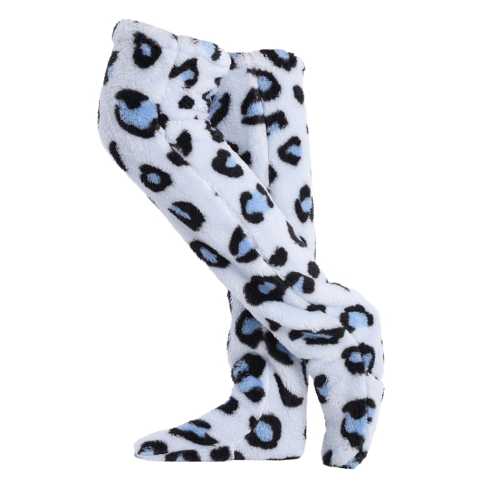 Calcetines largos de felpa extrasuave. 75 cm de longitud. Diseño leopardo blanco.