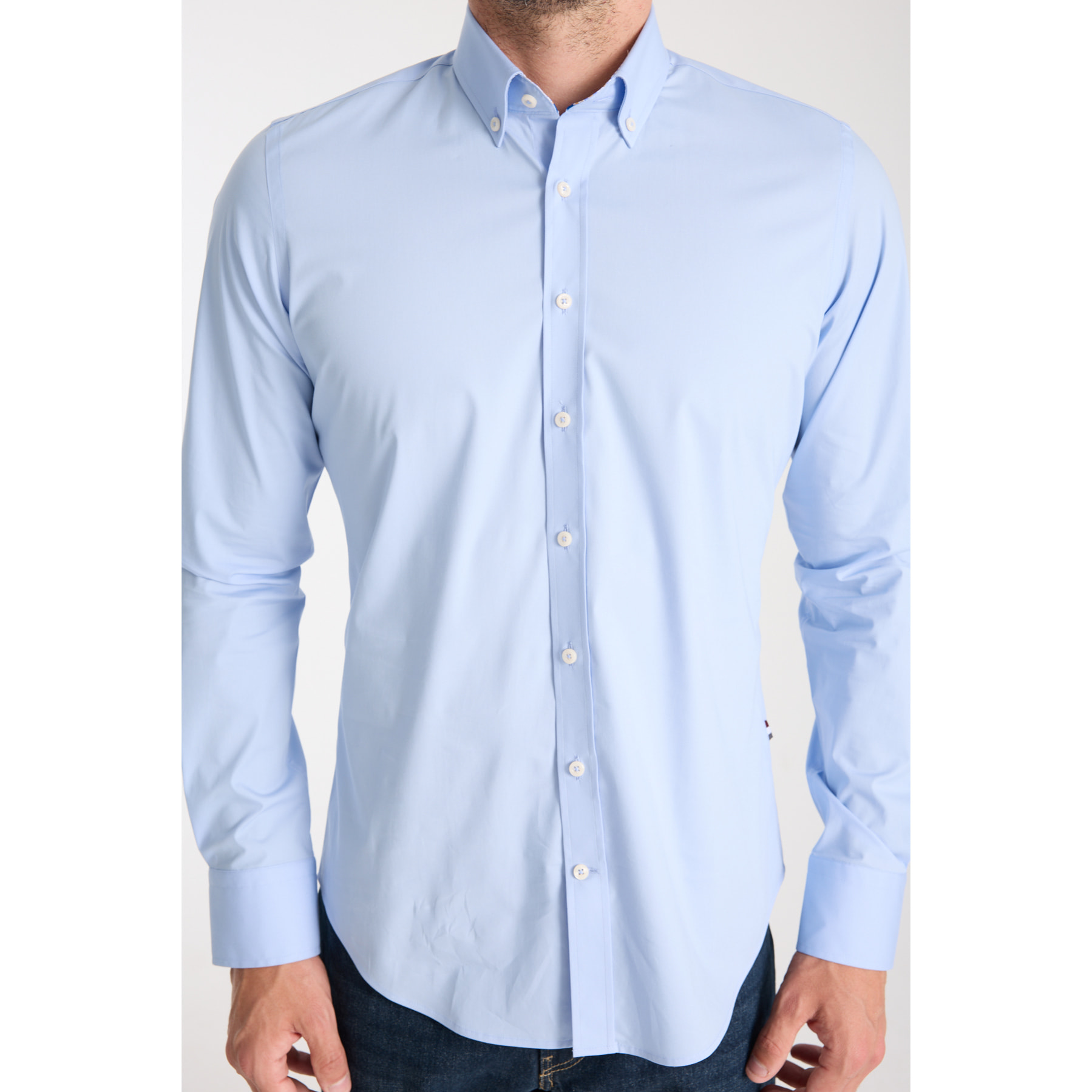 camicia uomo 1 bottone button down slim Popeline Stretch Unito Celeste