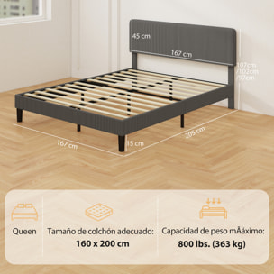 Somier 160x200 cm con Cabecero Ajustable, Estructura de Cama, Tapizado en Pana, Láminas de Madera, Fácil de Montar, Gris Oscuro