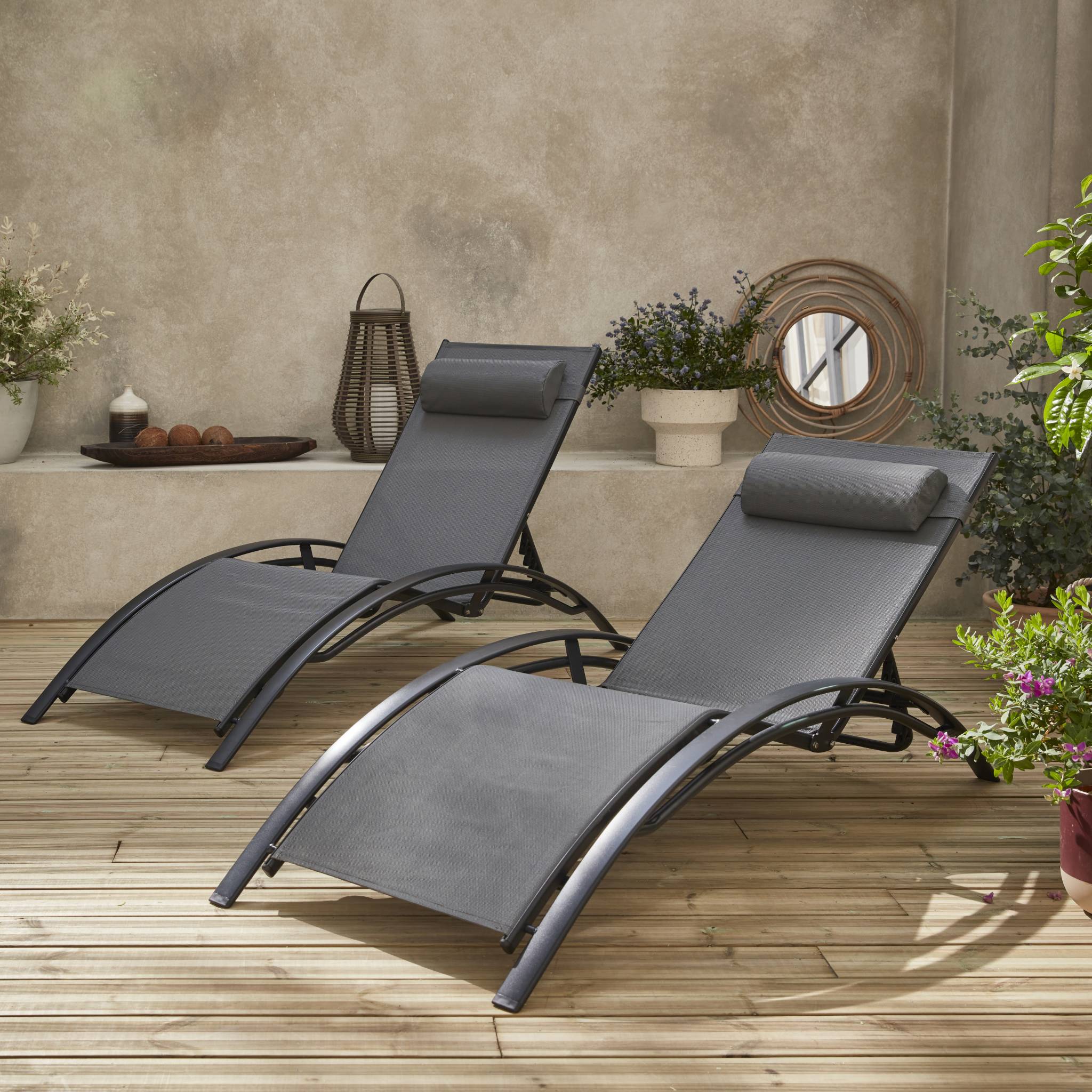 Duo de bains de soleil aluminium - Louisa Anthracite - Transats aluminium et textilène