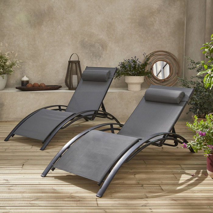 Duo de bains de soleil aluminium - Louisa Anthracite - Transats aluminium et textilène