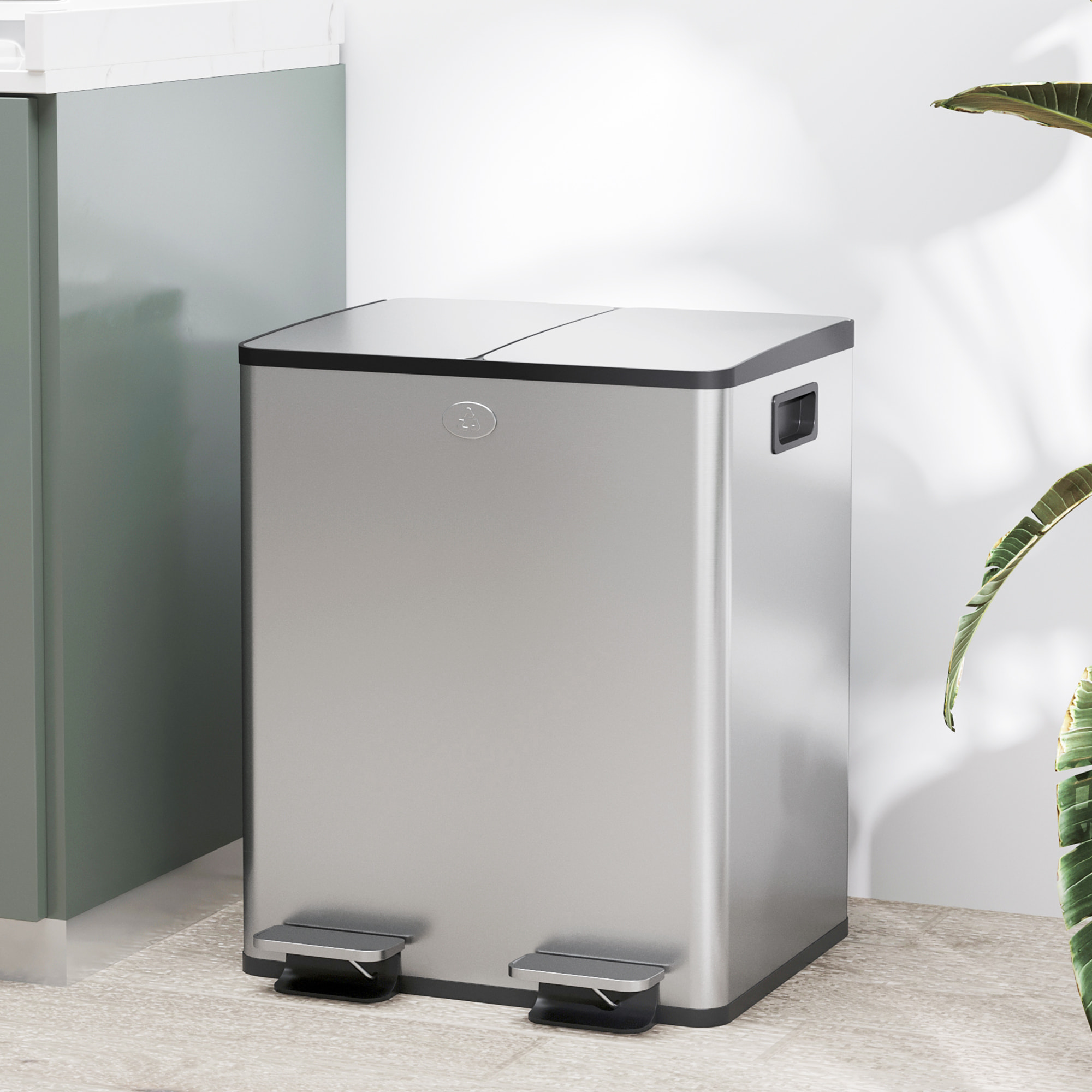 Cubo de Basura de Cocina con 2 Compartimentos 2x20L Papelera Cocina de Acero Inoxidable con Pedal Tapas de Cierre Suave y Cubo Extraíble para Dormitorio Oficina Salón Plata