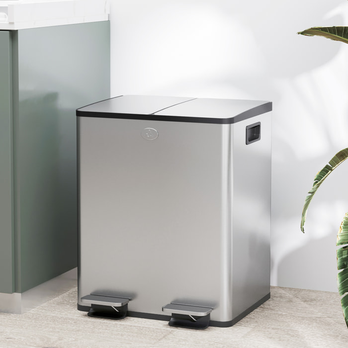 Cubo de Basura de Cocina con 2 Compartimentos 2x20L Papelera Cocina de Acero Inoxidable con Pedal Tapas de Cierre Suave y Cubo Extraíble para Dormitorio Oficina Salón Plata
