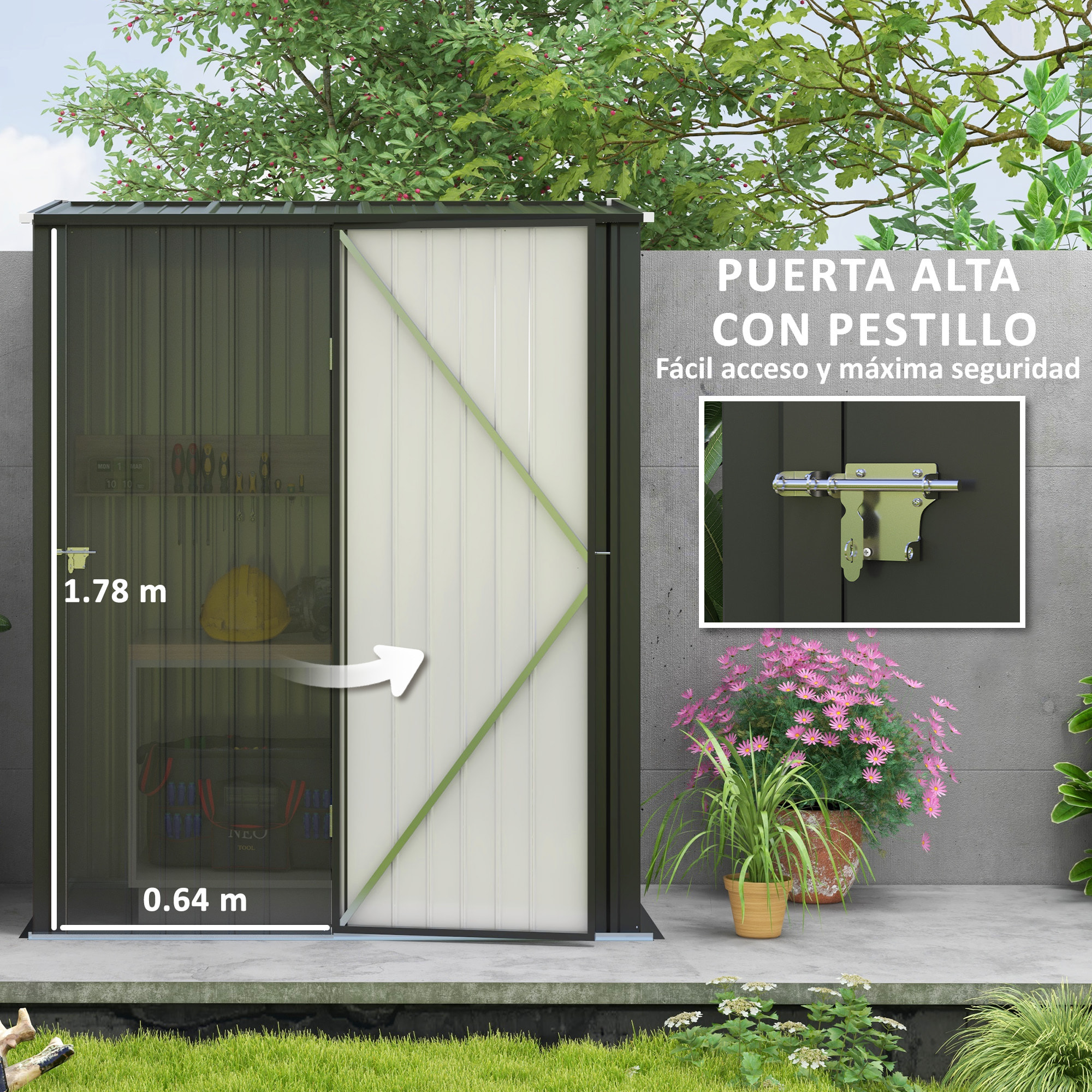 Cobertizo de Jardín Exterior 1,34 m² 161,5x94,5x196 cm Caseta de Jardín Exterior Metálica con 1 Puerta y Cerradura para Almacenamiento de Herramientas para Patio Terraza Negro Carbón