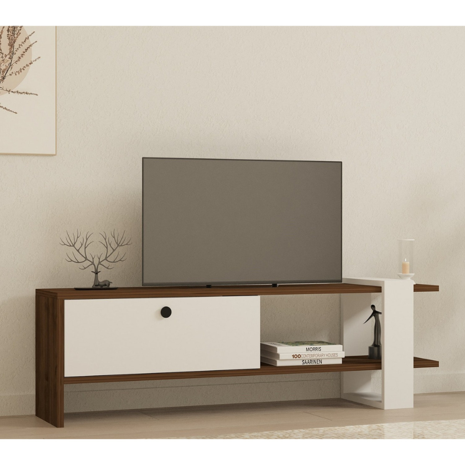 YENDI Meuble TV bois et blanc avec rangement 120 cm
