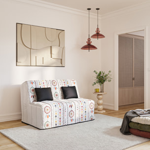 Banquette convertible Gaia, matelas Simmons, 160 x 200 cm, 2 coussins offerts, Blanc à motifs