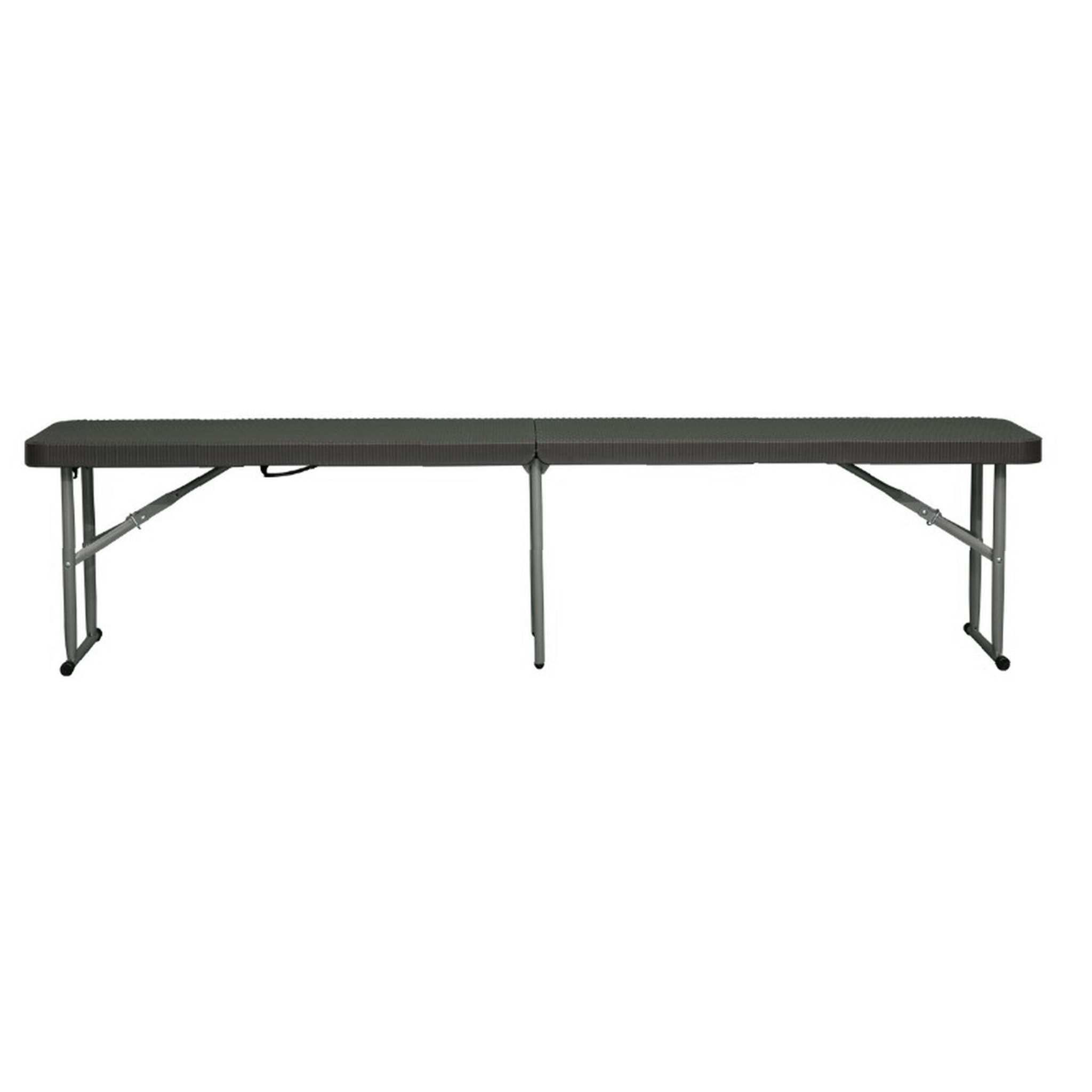 Mesa plegable multifuncional 180x74x74cm y set de 2 bancos plegables 183x30x43cm, con asas para facilitar su desplazamiento, efecto ratán