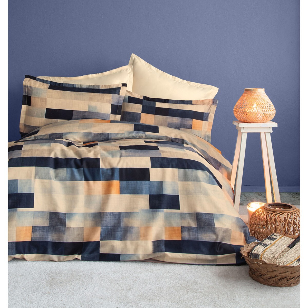 Parure housse de couette 240x220 cm et 2 taies d'oreiller 63x63cm satin de coton imprimé