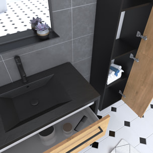 Ensemble Meuble de salle de bain blanc 80cm + vasque noir effet pierre + miroir + colonne rangement