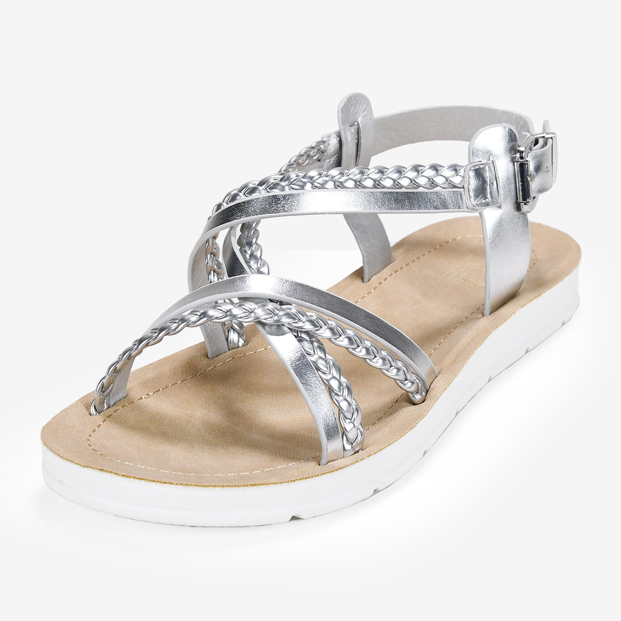 Sandalias planas plateadas con hebilla