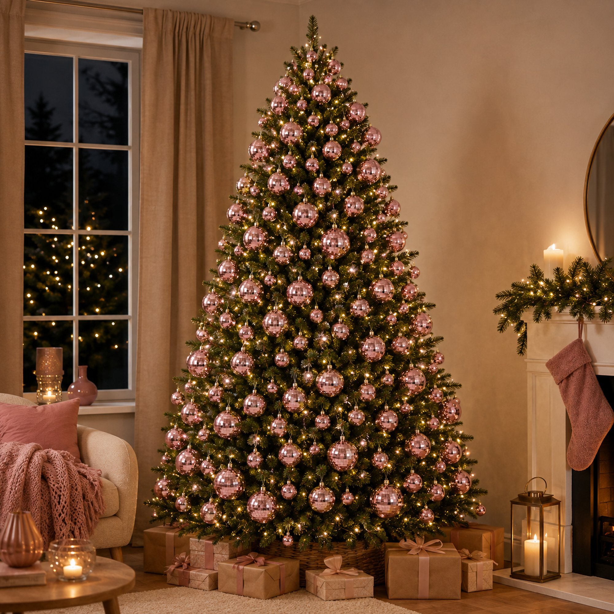 Set de 64 bolas de navidad rosas en 4 tamaños (22x ø4, 14x ø5, 18x ø6 y 10x ø8 cm) en acabado brillante