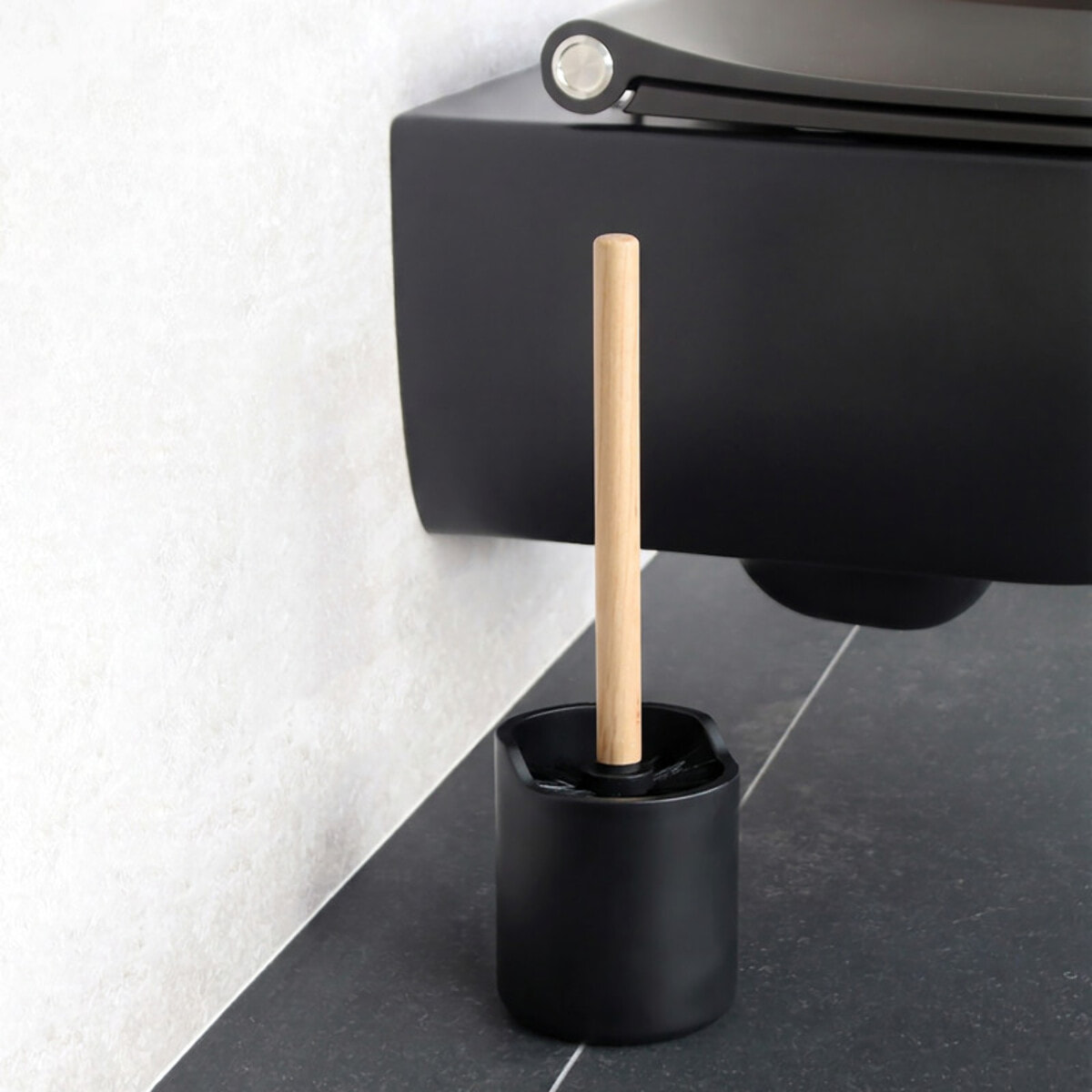 Brosse wc avec support Polyrésine & bois SYBELLA noir Spirella