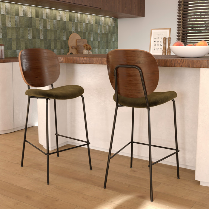 Lot de 2 chaises pour îlot central 65,5 cm en velours vert kaki - Simone