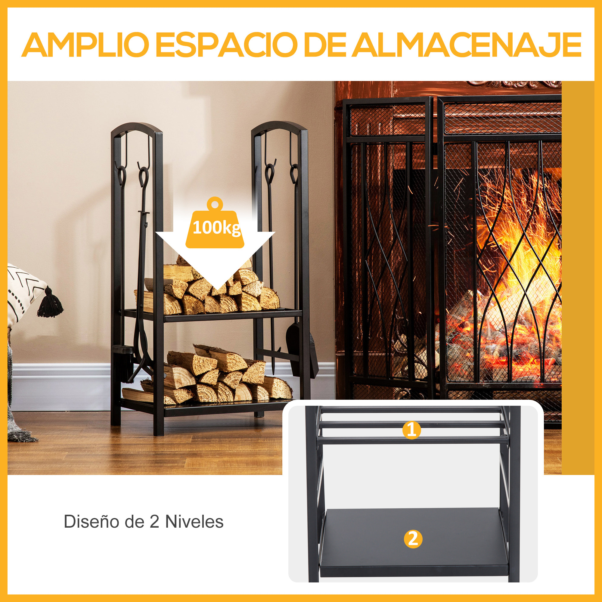 Estante de Leña para chimenea 40x30x74,5 cm Soporte para Leña de 2 Niveles Leñero Exterior e Interior Metálico con 4 Herramientas para Chimenea Carga Máx.100 kg Negro