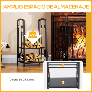 Estante de Leña para chimenea 40x30x74,5 cm Soporte para Leña de 2 Niveles Leñero Exterior e Interior Metálico con 4 Herramientas para Chimenea Carga Máx.100 kg Negro