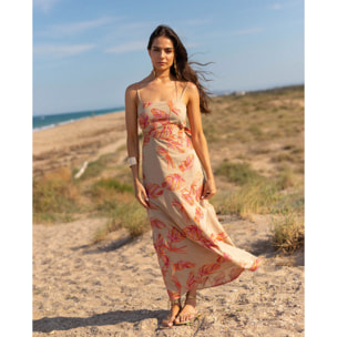 Vestido midi con bordado floral, espalda descubierta y lazada ajustable.