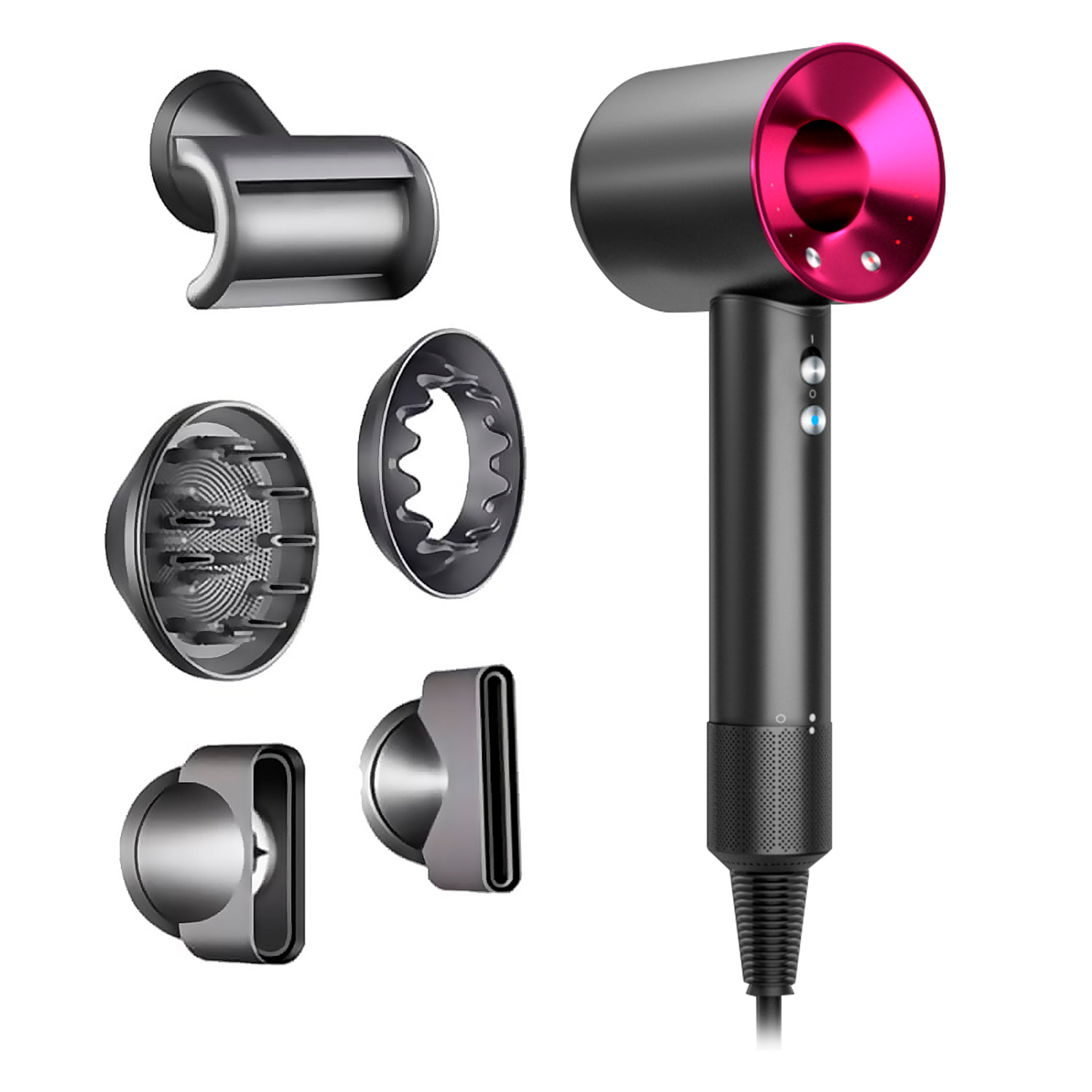 Asciugacapelli ionico con 5 testine, 4 livelli di temperatura e 3 livelli di velocità con 1600W di potenza.