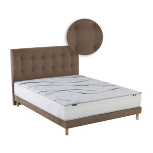 Ensemble matelas mémoire de forme MEMORIA avec sommier et tête de lit, chenille bouclettes moka
