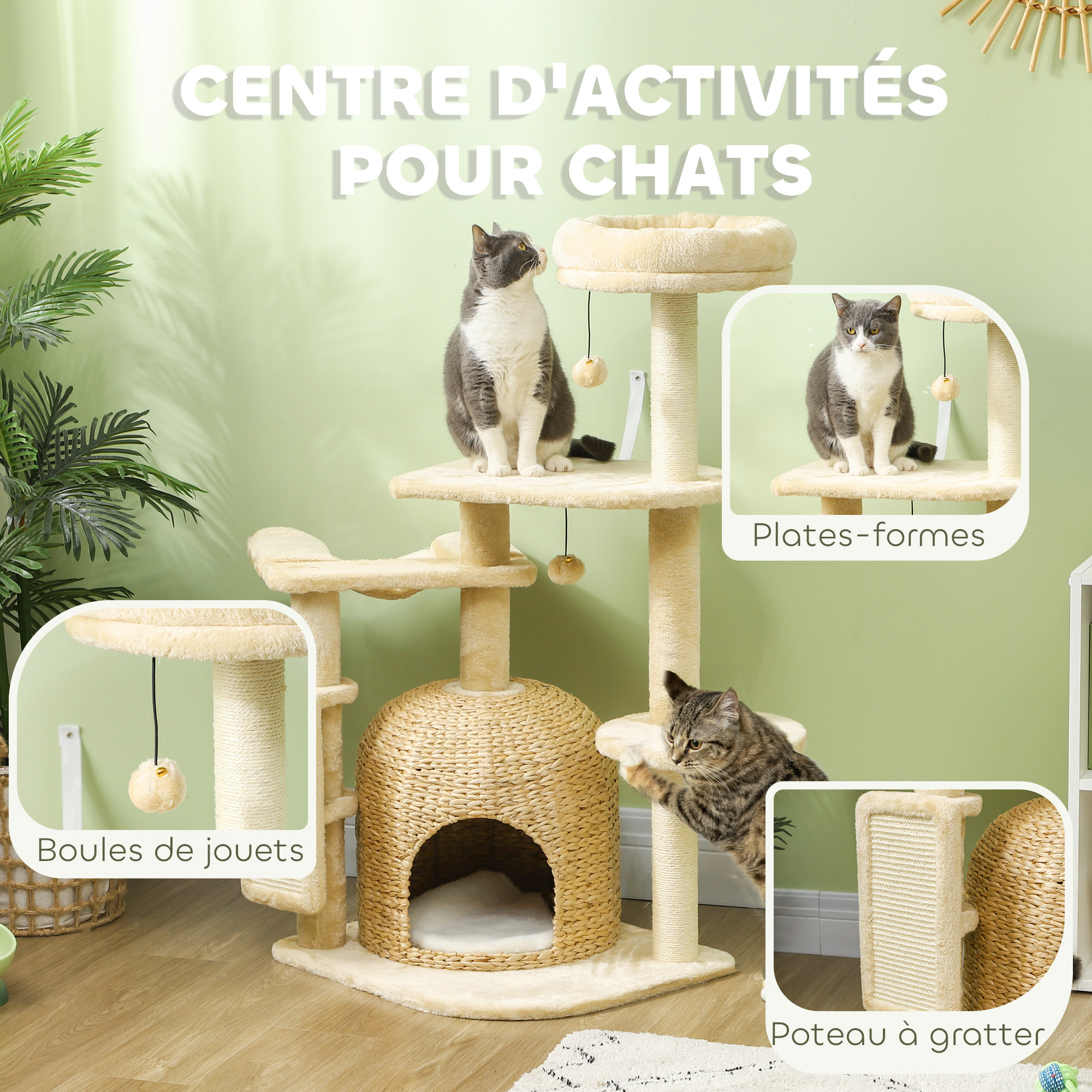 Arbre à chat style cosy chic - grande niche coussin, griffoir, grattoir, hamac, plateformes, boules - beige