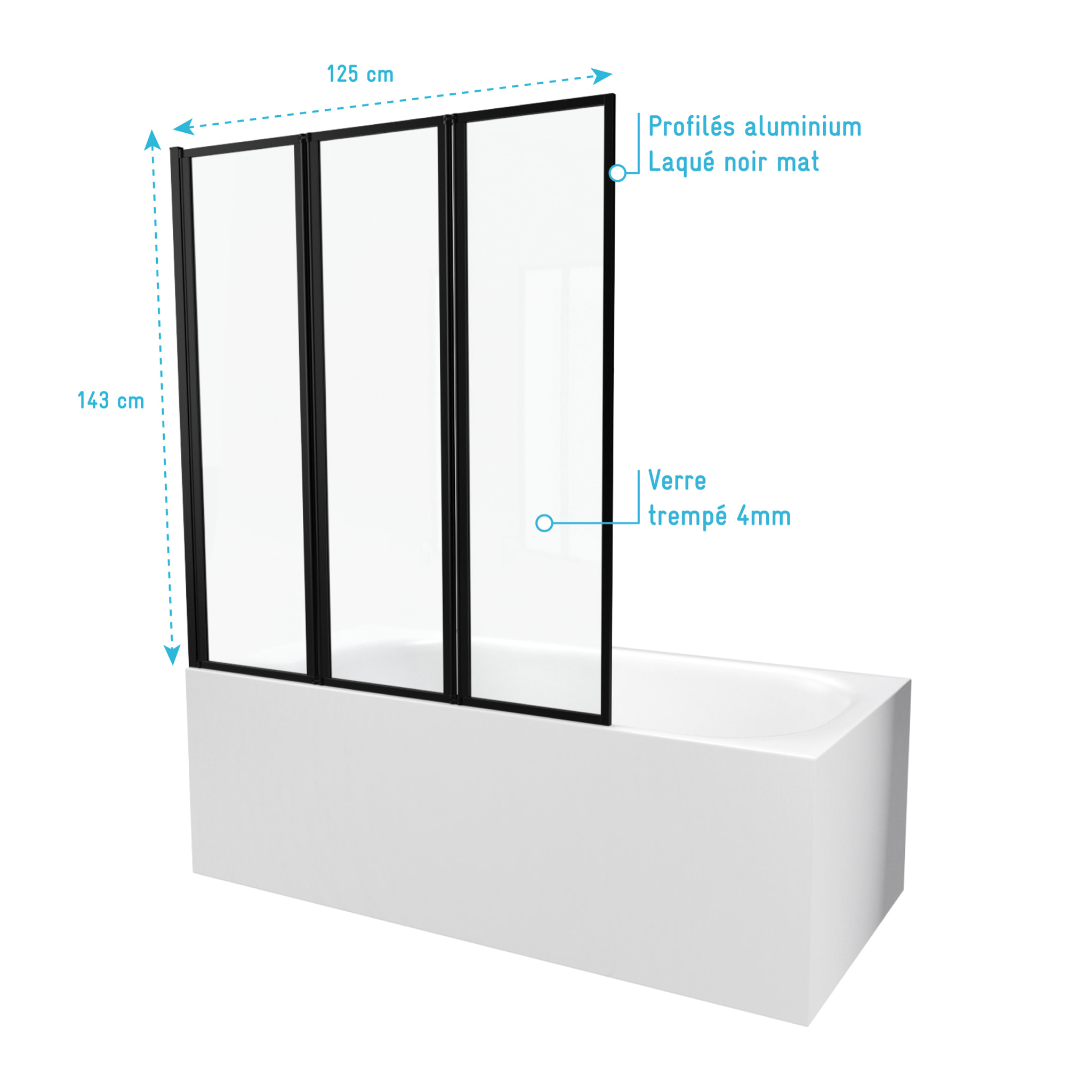 Pare baignoire Pivotant 3 Volets Noir Mat - 125x143 cm - Verre Trempé 4 mm - ZAGGY DARK