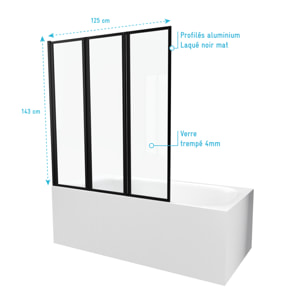 Pare baignoire Pivotant 3 Volets Noir Mat - 125x143 cm - Verre Trempé 4 mm - ZAGGY DARK