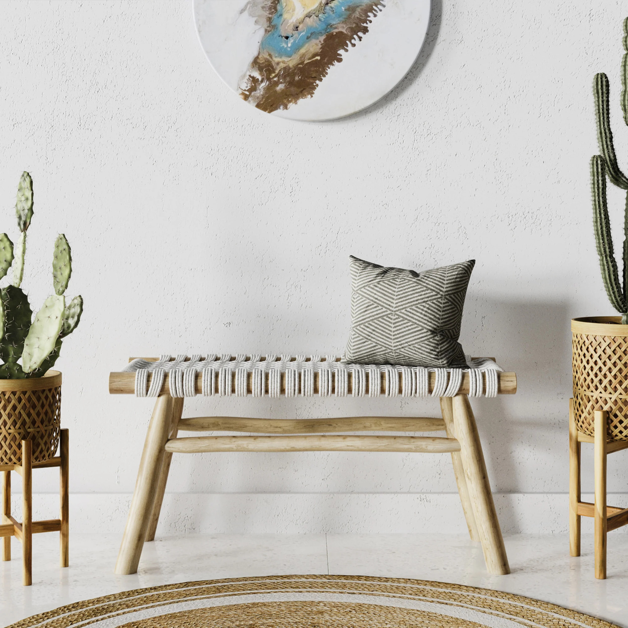 Banc 2 places 90 cm tressé en macramé et branche de teck - Kira