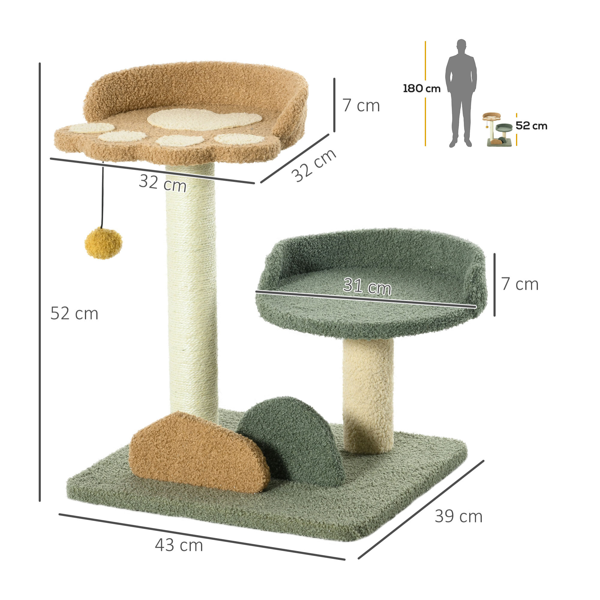 Árbol Rascador para Gatos Pequeño de 52 cm Torre para Gatos Centro de Actividades para Gatitos con Cama Poste de Sisal y Bola Colgante 43x39x52 cm Multicolor