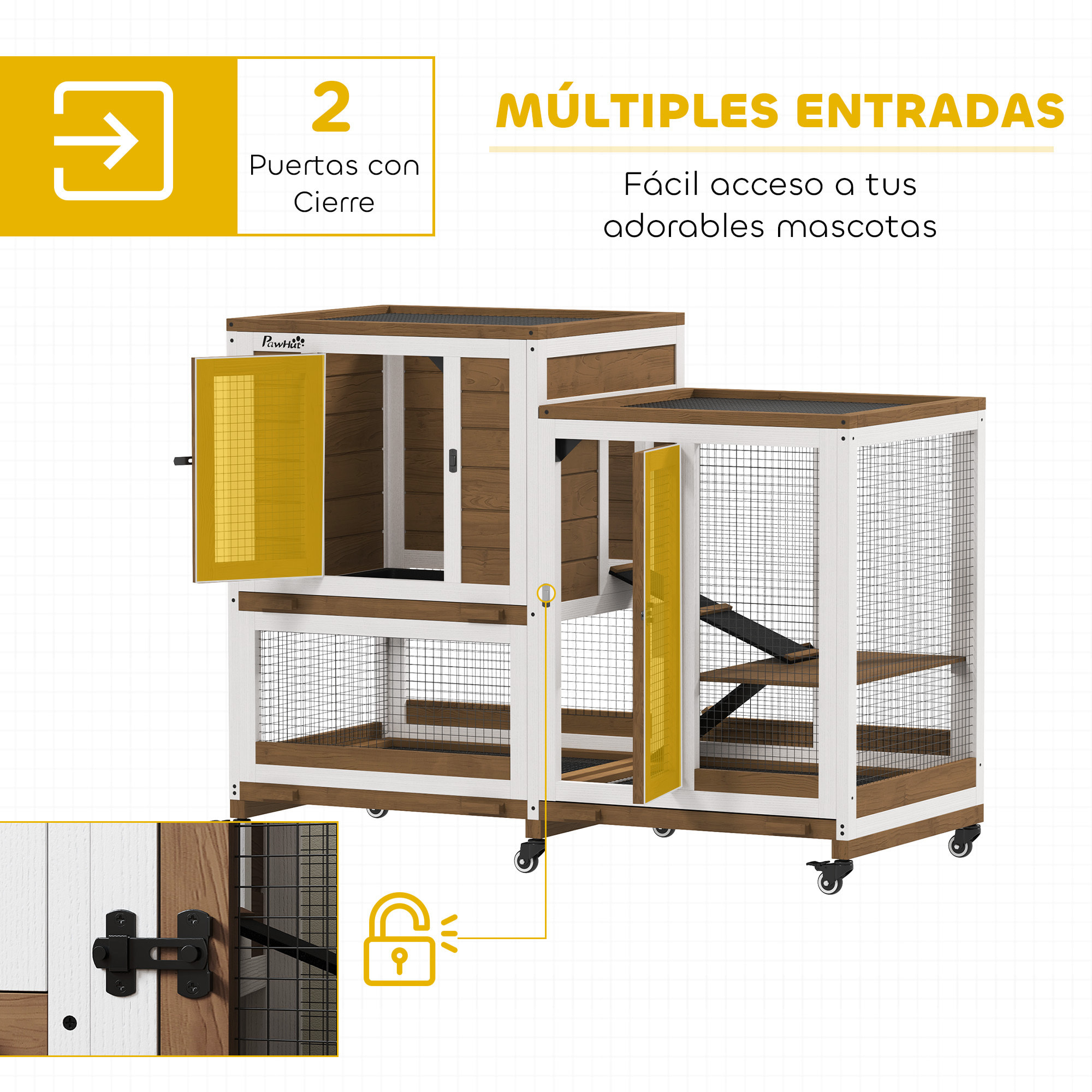 Conejera de Madera de 2 Niveles Jaula para Conejos con 6 Ruedas 2 Escaleras 3 Bandejas Extraíbles Puertas con Cerraduras y Zona Abierta Conejera para Interior 110x50x86 cm Marrón y Blanco