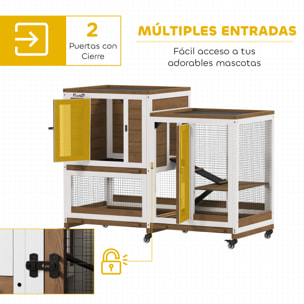 Conejera de Madera de 2 Niveles Jaula para Conejos con 6 Ruedas 2 Escaleras 3 Bandejas Extraíbles Puertas con Cerraduras y Zona Abierta Conejera para Interior 110x50x86 cm Marrón y Blanco
