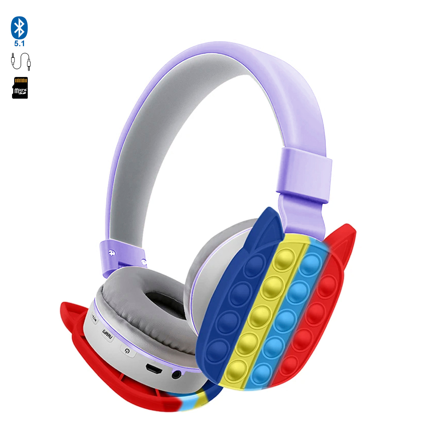 DAM Cascos auriculares AKZ K33 Bubble Pop It. Bluetooth 5.1, radio FM, lector de tarjetas Micro SD. 16x8x19,5 Cm. Color: Violeta