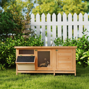 Conejera de Madera, Jaula para Conejos con Techo Asfáltico Abatible, Puertas con Pestillo, Bandejas Extraíbles y Comedero, Conejera para Exterior, 112x50x54 cm, Amarillo