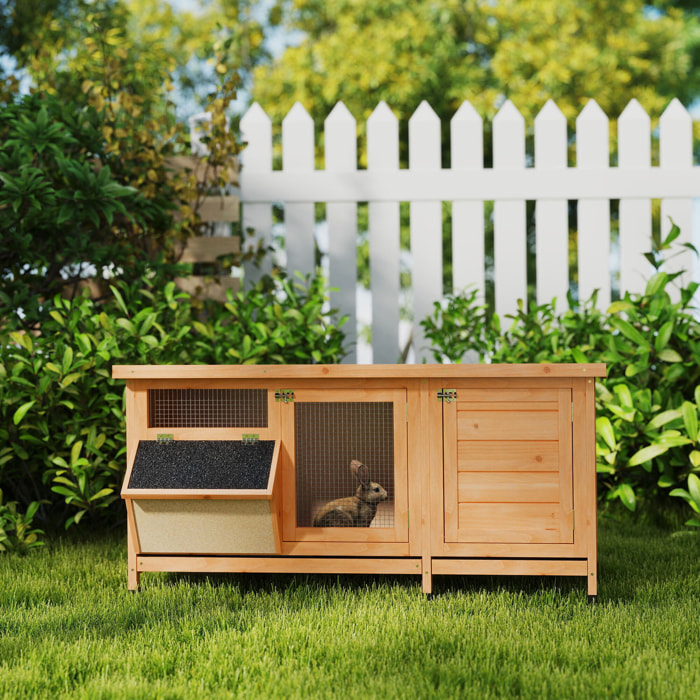 Conejera de Madera, Jaula para Conejos con Techo Asfáltico Abatible, Puertas con Pestillo, Bandejas Extraíbles y Comedero, Conejera para Exterior, 112x50x54 cm, Amarillo