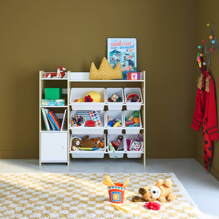 Meuble de rangement enfant. naturel. 9 bacs de rangement. 4 étagères. 1 porte