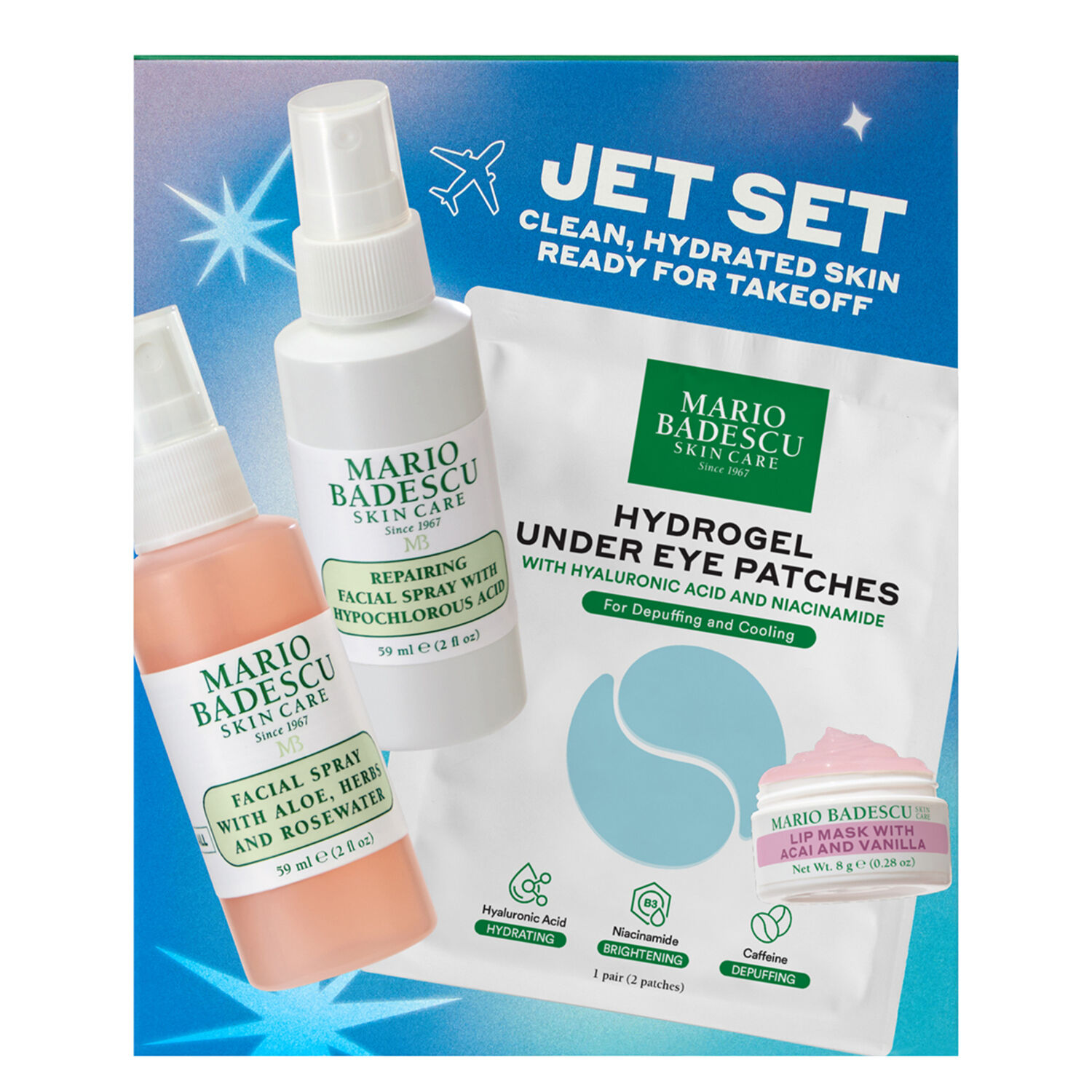 Jet Set - Coffret Brume Visage à l'Aloe Vera 59 ml + Brume Visage Réparatrice 59 ml + 2 Produits