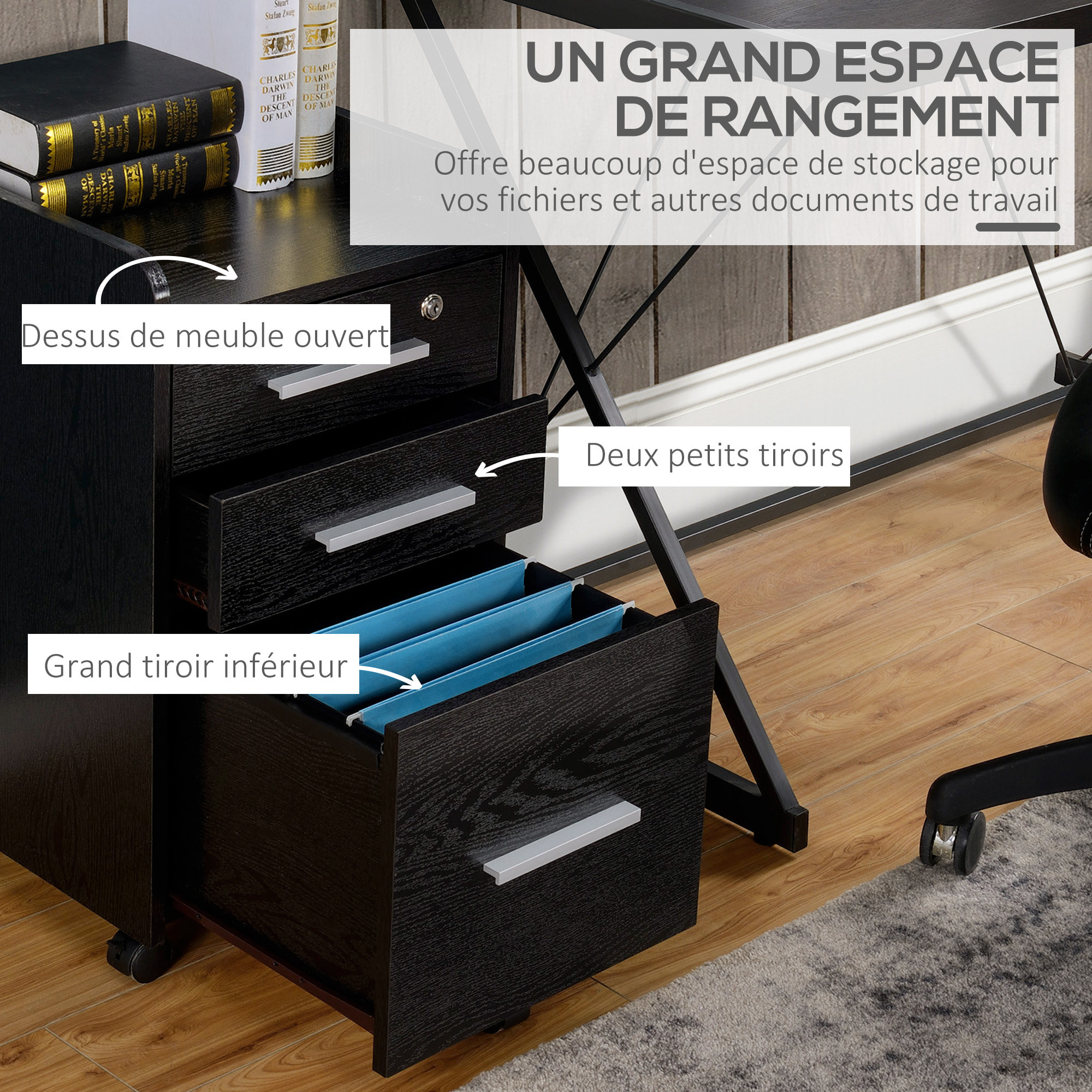 Caisson de bureau rangement bureau sur roulettes 3 tiroirs 1 verrouillable 1 trieur dossiers effet bois noir