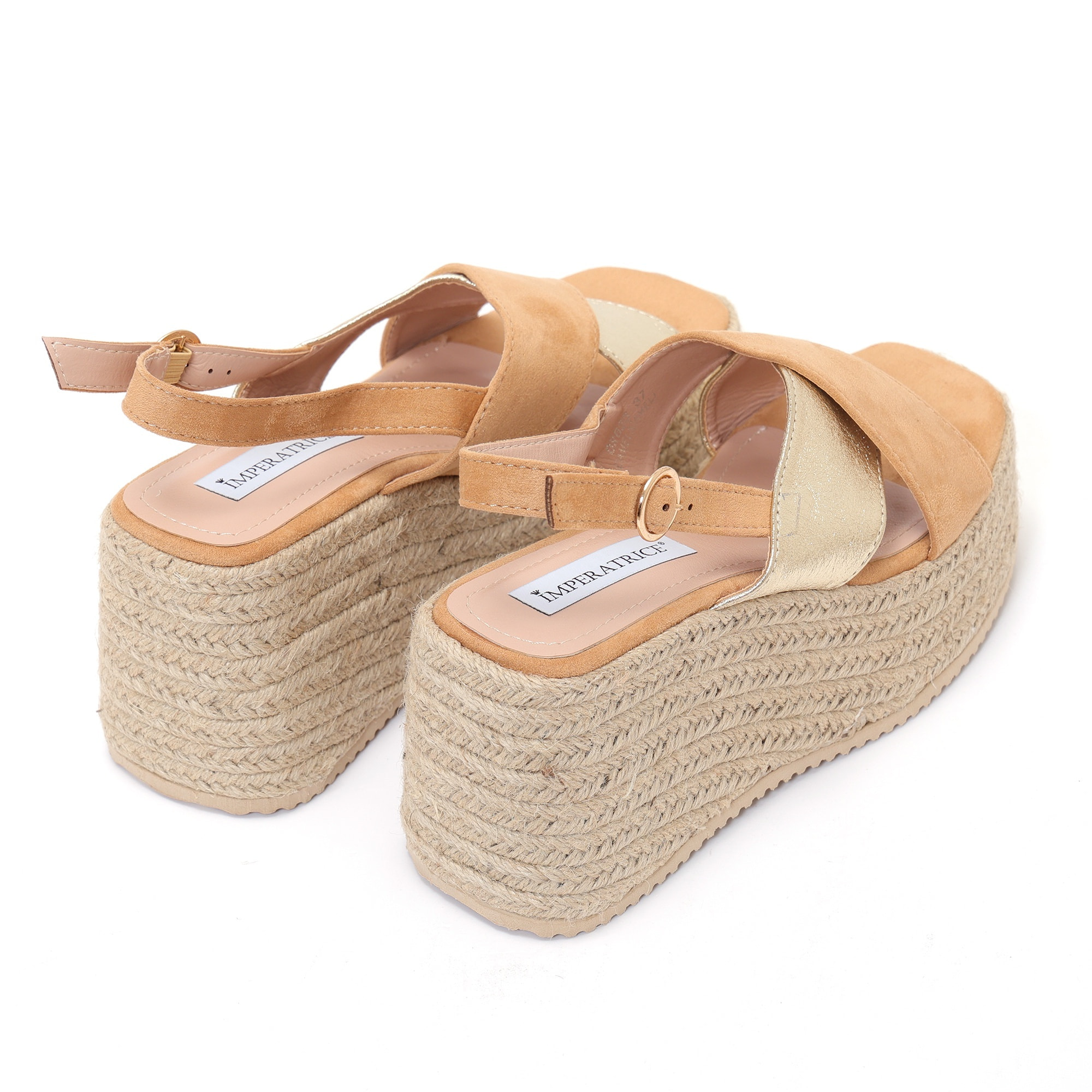 Sandali in simil pelle scamosciata con zeppa in rafia